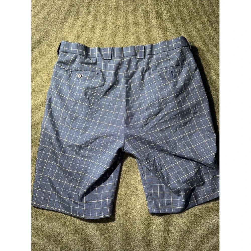 Blue Plaid Golf Shorts Mens 38 Windowpane Check Polyester Flat Front Casual